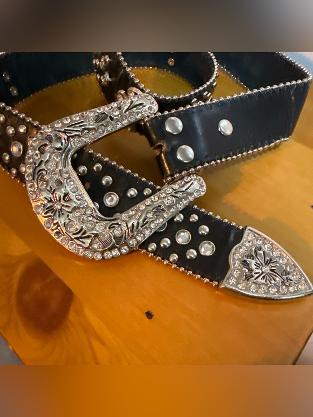 Source Unknown Black Western Studded Belt with Ornate Silver Buckle